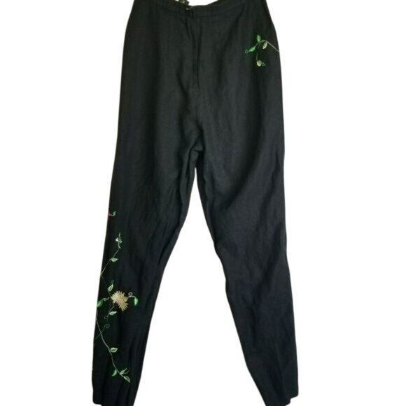 Womens Embroidered Floral Pants Black Linen Rayon Blend 10 Boho Indie Festival - Picture 2 of 12